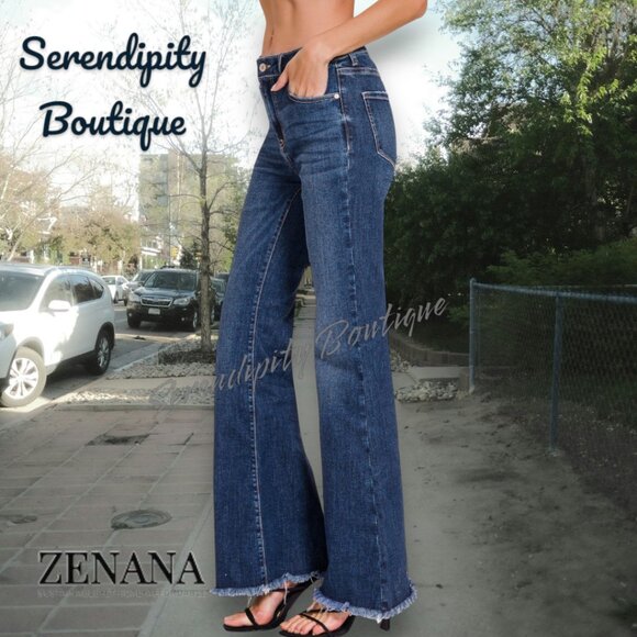 Zenana Signature Denim - Zenana Super Stretch High Rise Bell Bottom Retro 70s Dark Wash Jeans